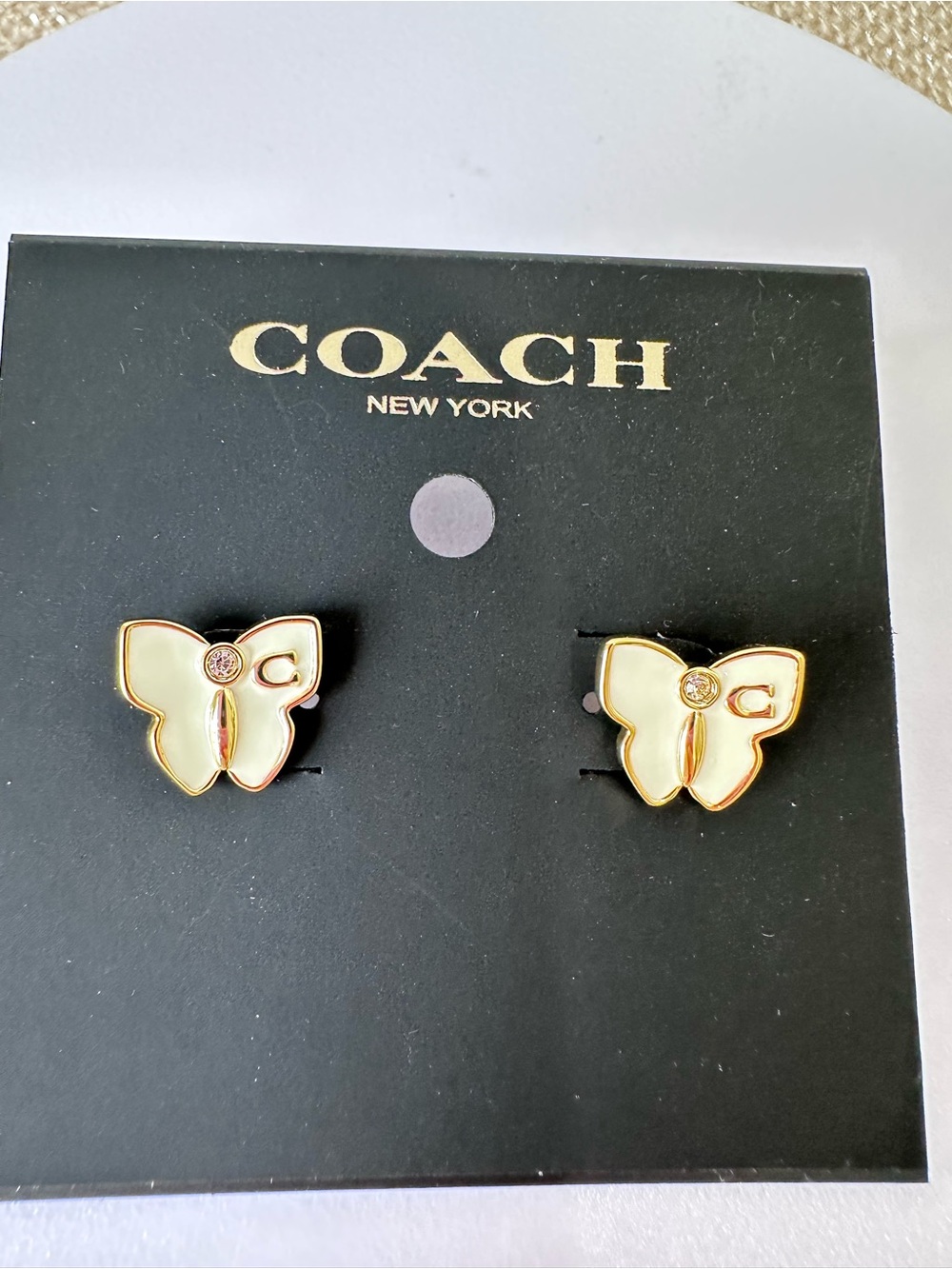 Coach Butterfly Cream Enamel Stud Earrings Goldtone with Signature C - Picture 3 of 7
